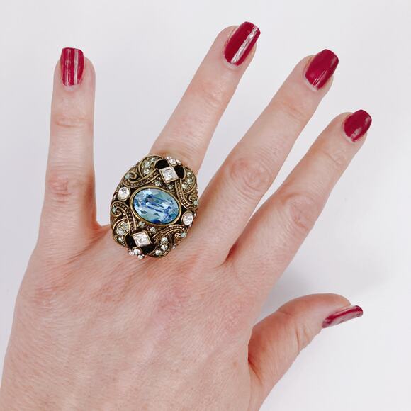 Big Signed Heidi Daus Baroque Revival Aquamarine Rhinestone Cocktail Ring Size 7 - Picture 5 of 12
